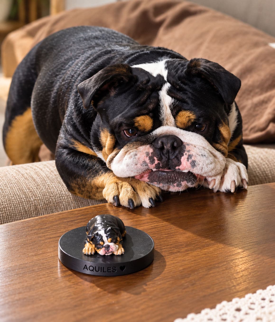 Aquiles, un bulldog inglés tricolor, recostado en el sillón junto a su figurita personalizada de resina pintada a mano, sobre una base con su nombre.